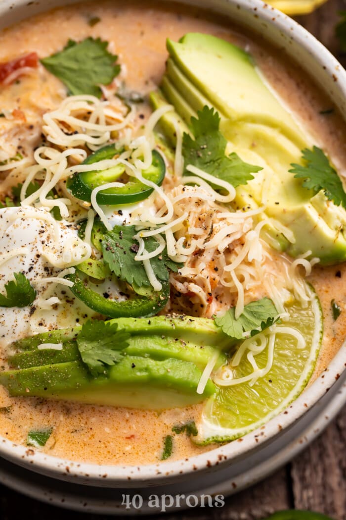 Close up angled photo of keto chicken tortilla soup