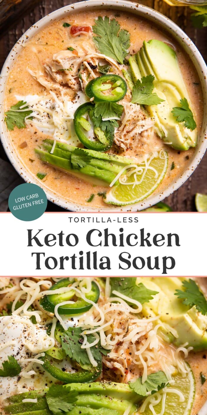 Pin graphic for keto chicken tortilla soup