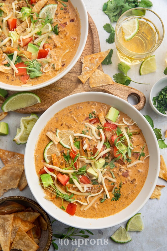 Overhead view of 2 bowls of keto taco soup