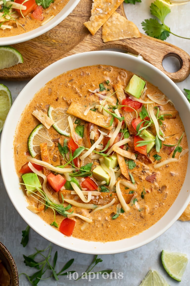 Overhead view of a bowl of keto taco soup