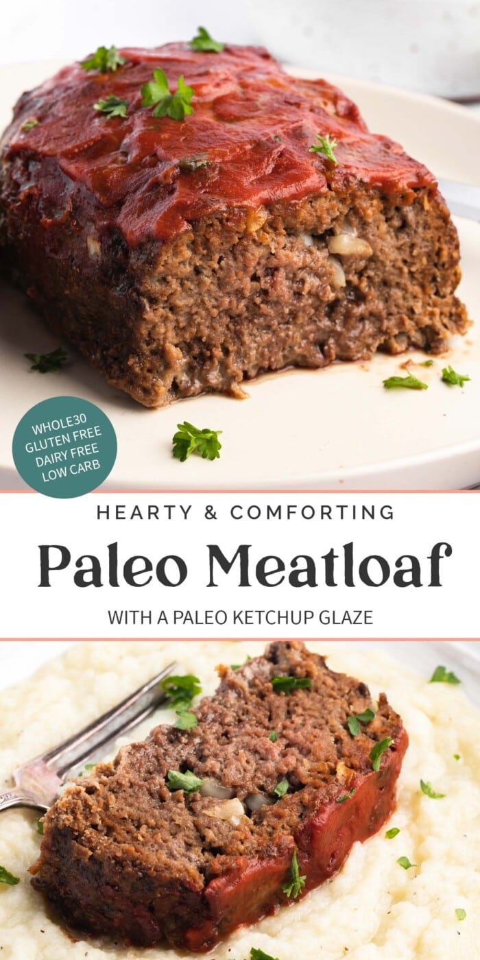 Pin graphic for paleo meatloaf.