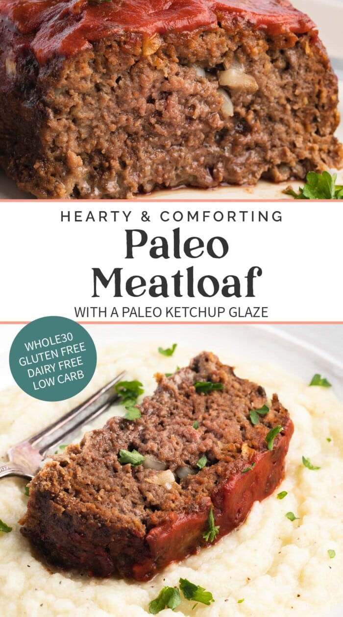 Pin graphic for paleo meatloaf.