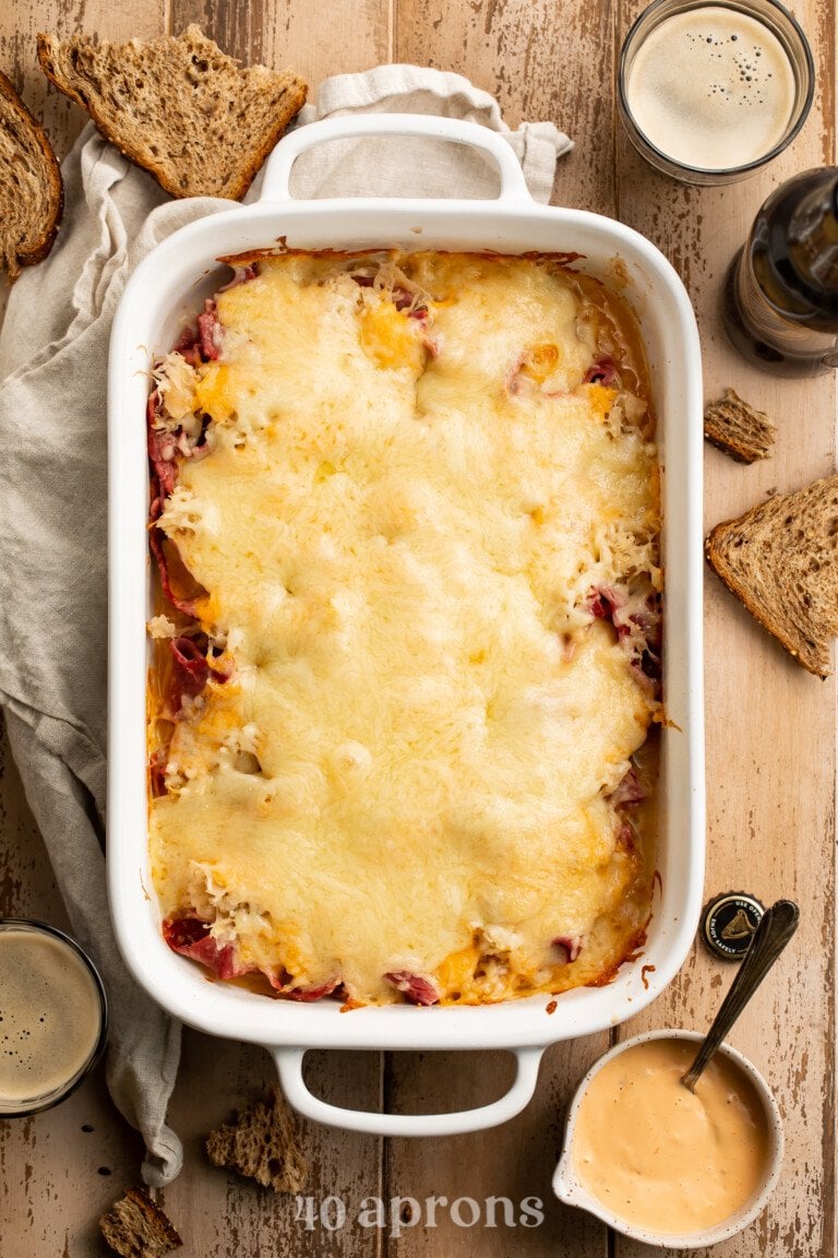 Overhead view of a reuben casserole in a casserole dish