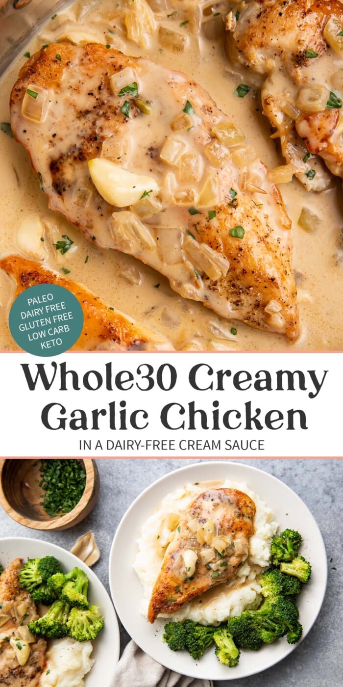 Pin graphic for Whole30 creamy garlic chicken.