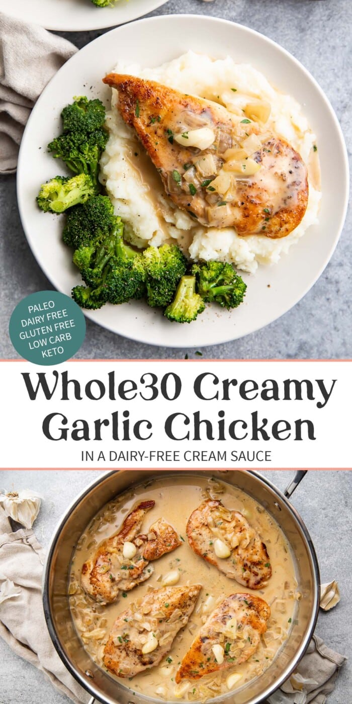 Pin graphic for Whole30 creamy garlic chicken.