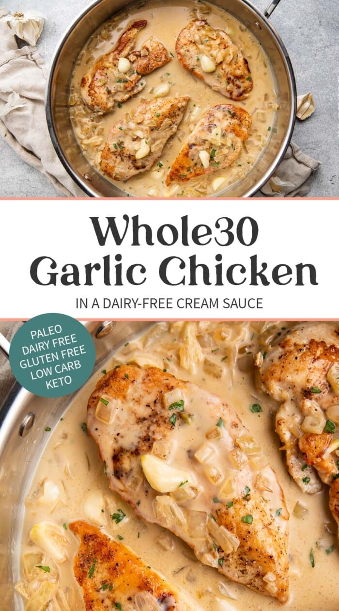 Pin graphic for Whole30 creamy garlic chicken.