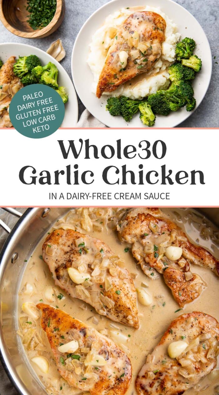 Pin graphic for Whole30 creamy garlic chicken.