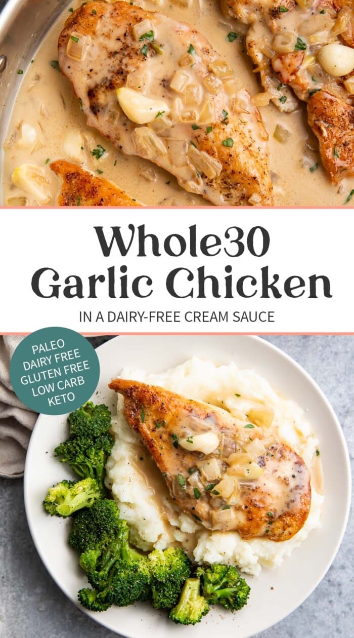 Pin graphic for Whole30 creamy garlic chicken.