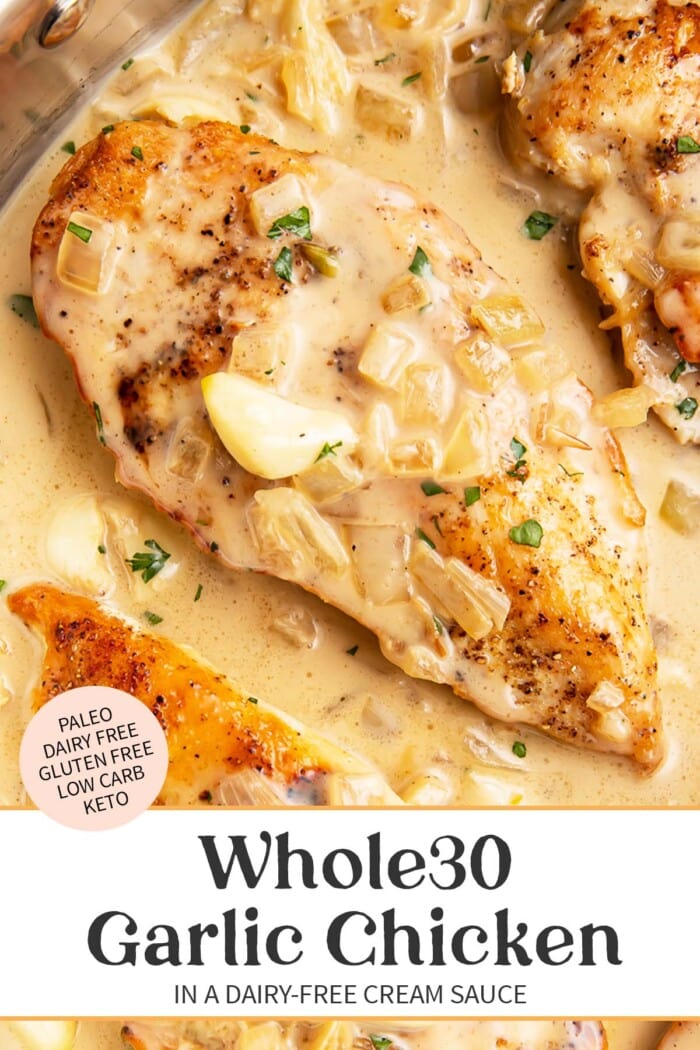 Pin graphic for Whole30 creamy garlic chicken.