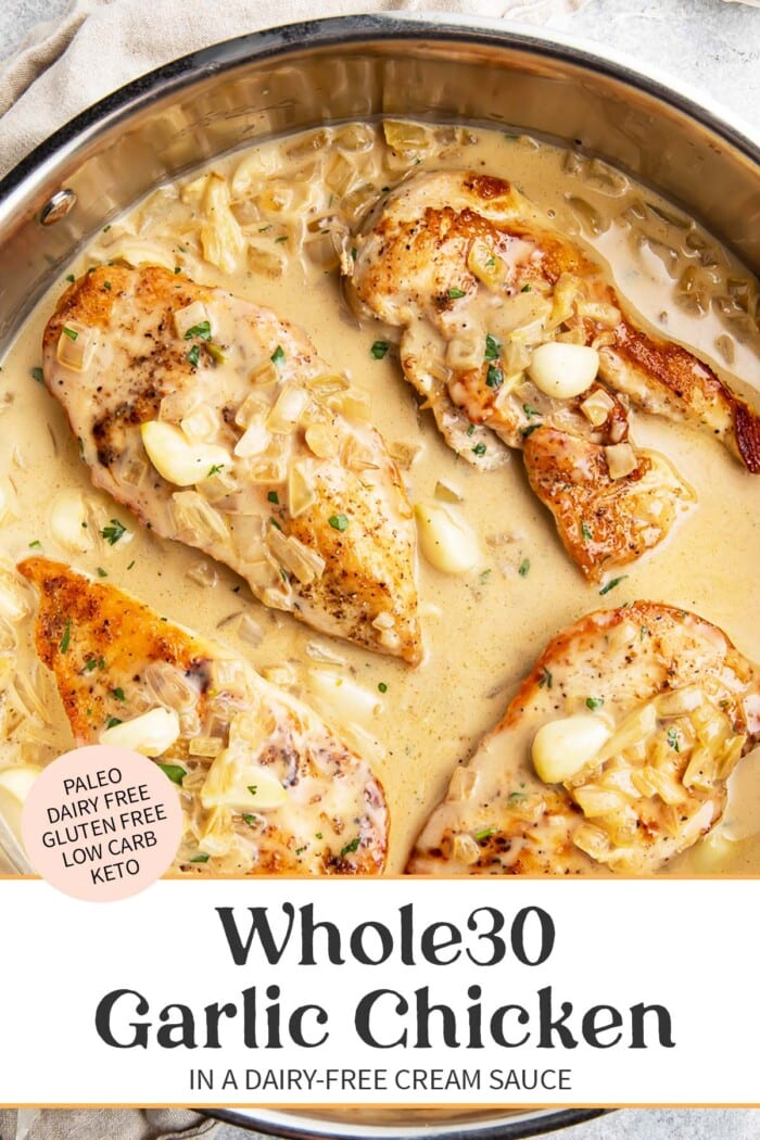 Pin graphic for Whole30 creamy garlic chicken.