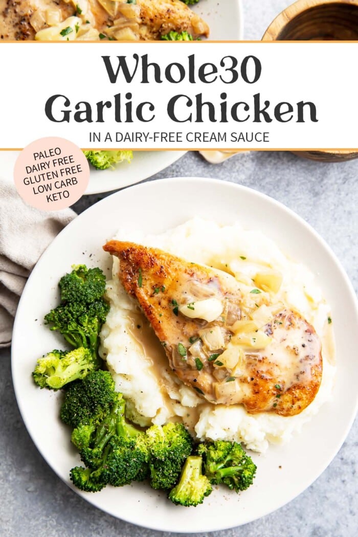 Pin graphic for Whole30 creamy garlic chicken.