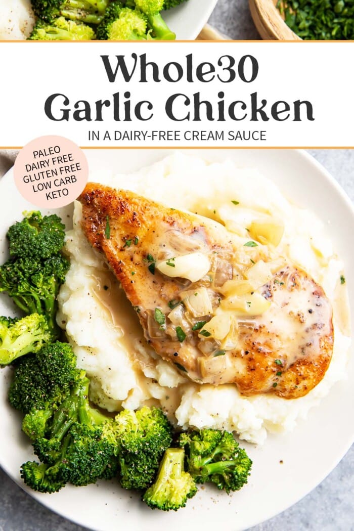 Pin graphic for Whole30 creamy garlic chicken.