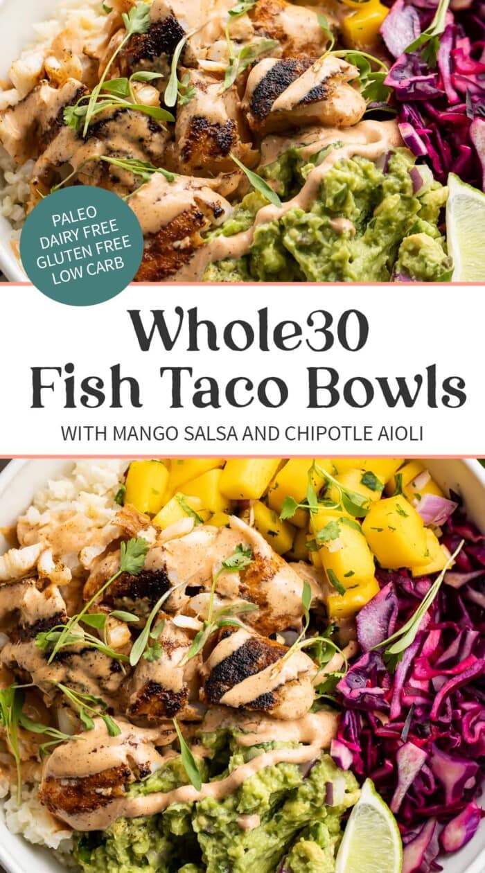 Pin graphic for Whole30 fish taco bowls