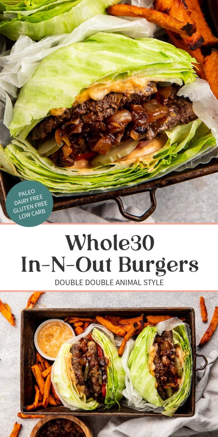 Pin graphic for Whole30 In-N-Out burgers