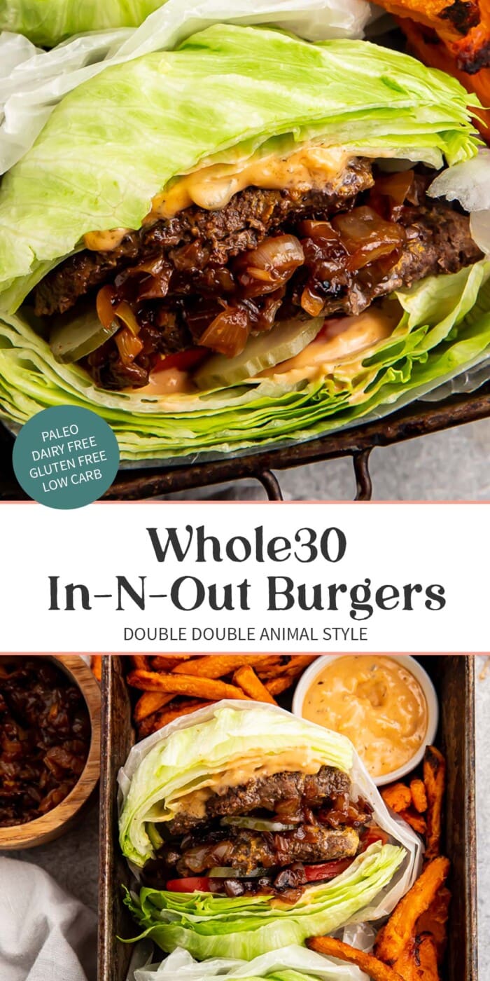 Pin graphic for Whole30 In-N-Out burgers