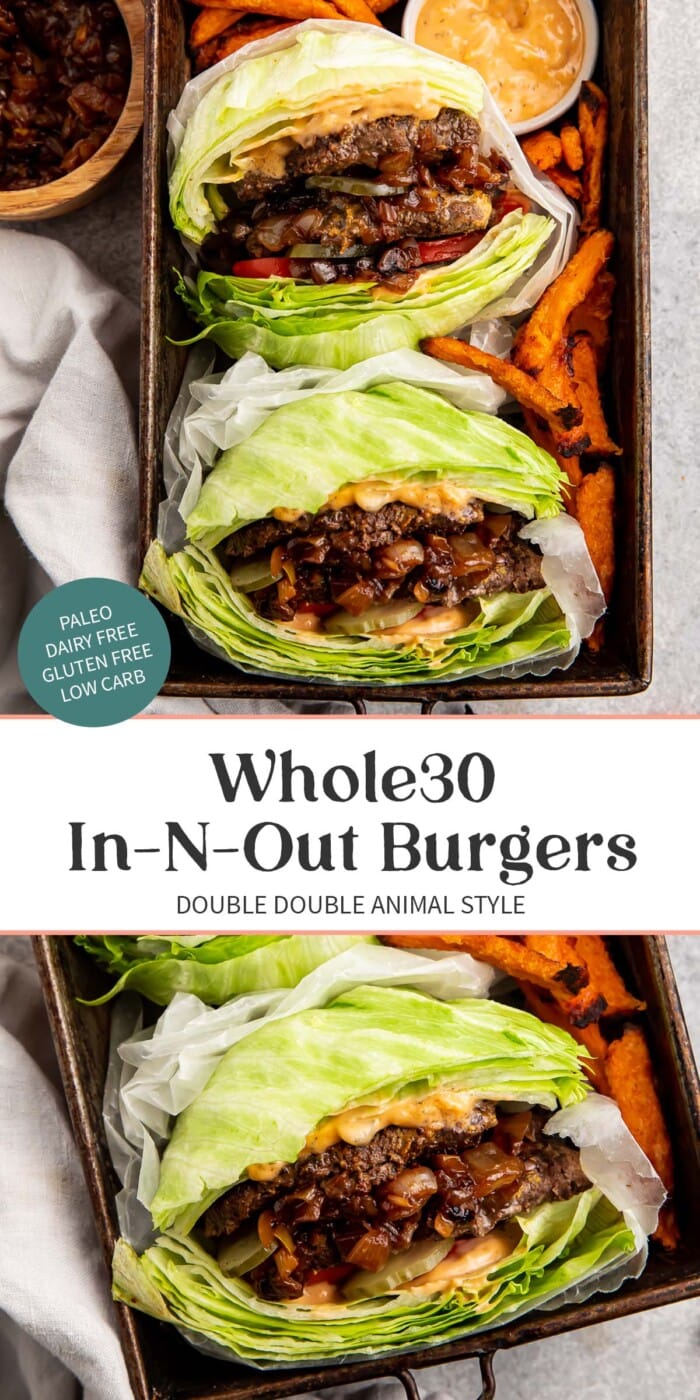 Pin graphic for Whole30 In-N-Out burgers