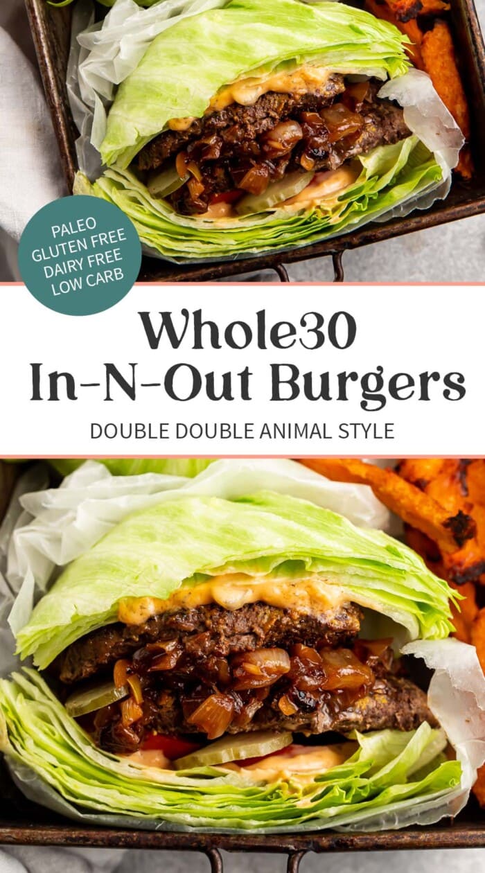 Pin graphic for Whole30 In-N-Out burgers