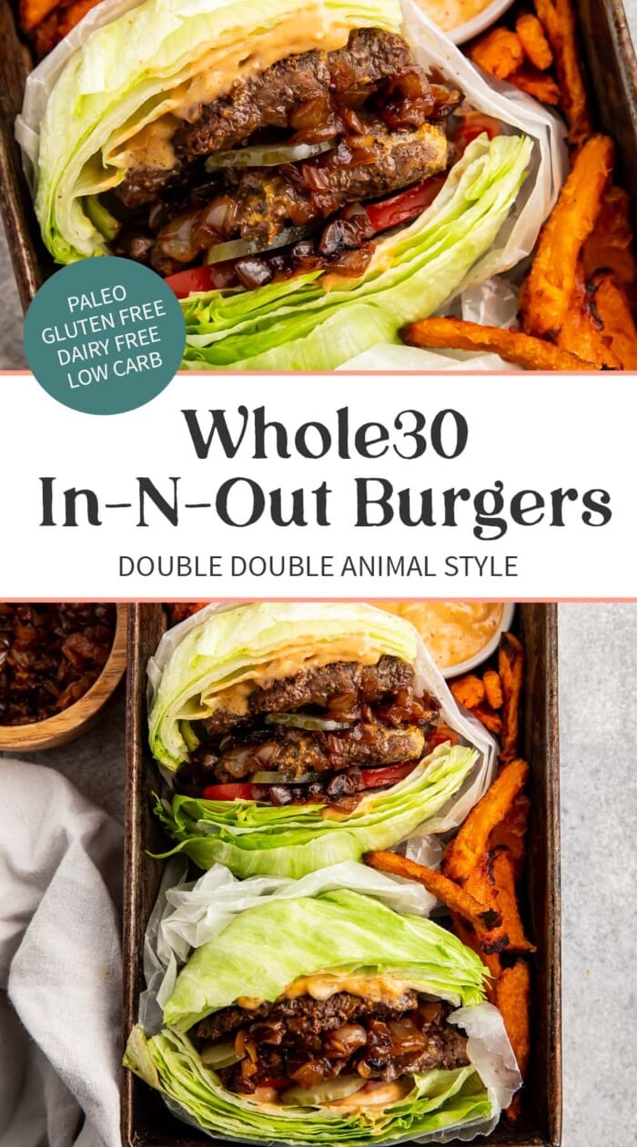 Pin graphic for Whole30 In-N-Out burgers