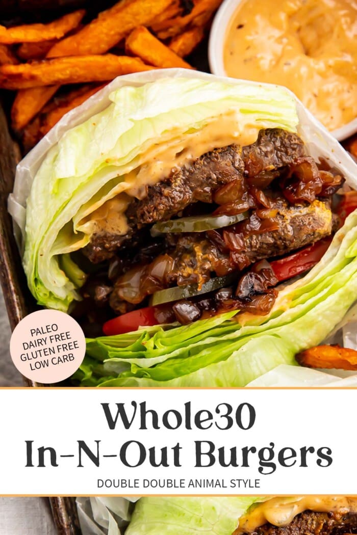 Pin graphic for Whole30 In-N-Out burgers