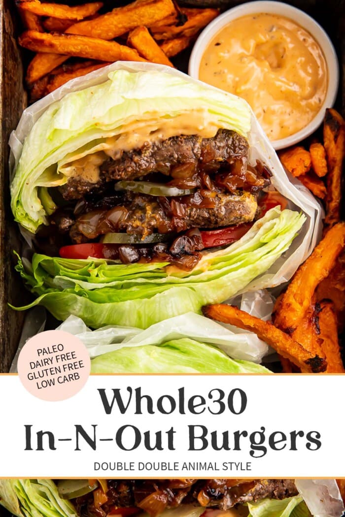 Pin graphic for Whole30 In-N-Out burgers