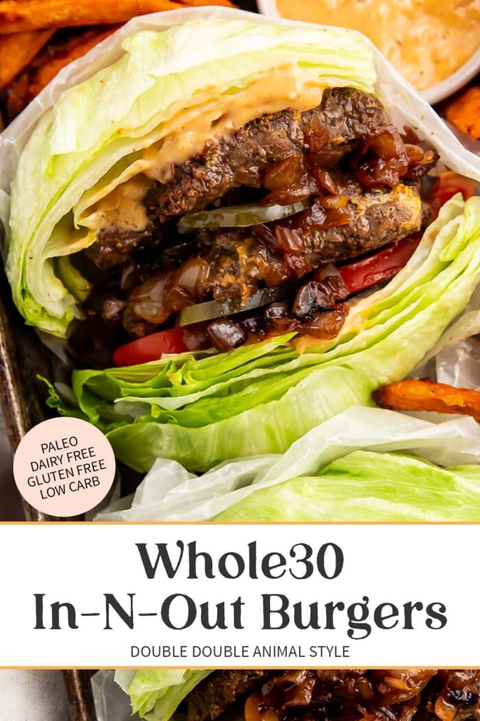 Pin graphic for Whole30 In-N-Out burgers