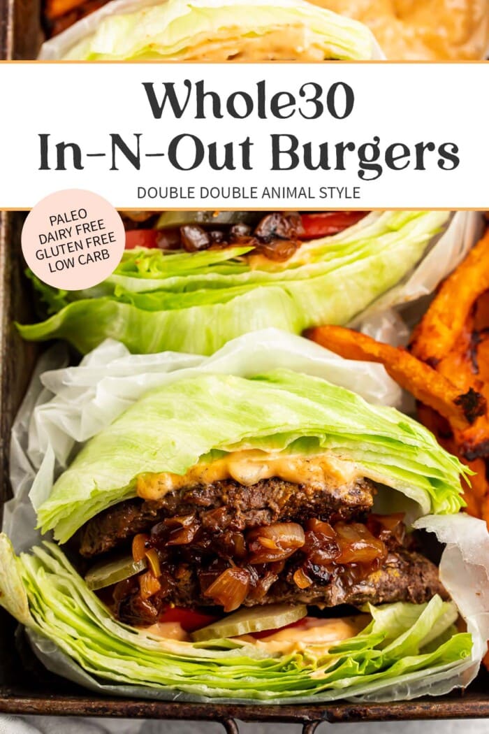 Pin graphic for Whole30 In-N-Out burgers