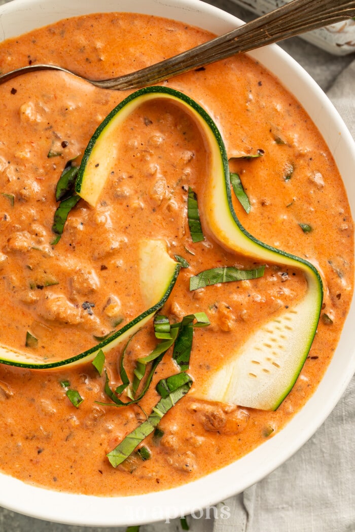 Overhead view of Whole30 lasagna soup in a bowl with a spoon