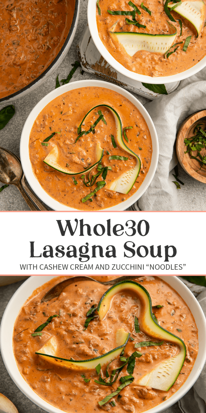 Pin graphic for Whole30 lasagna soup