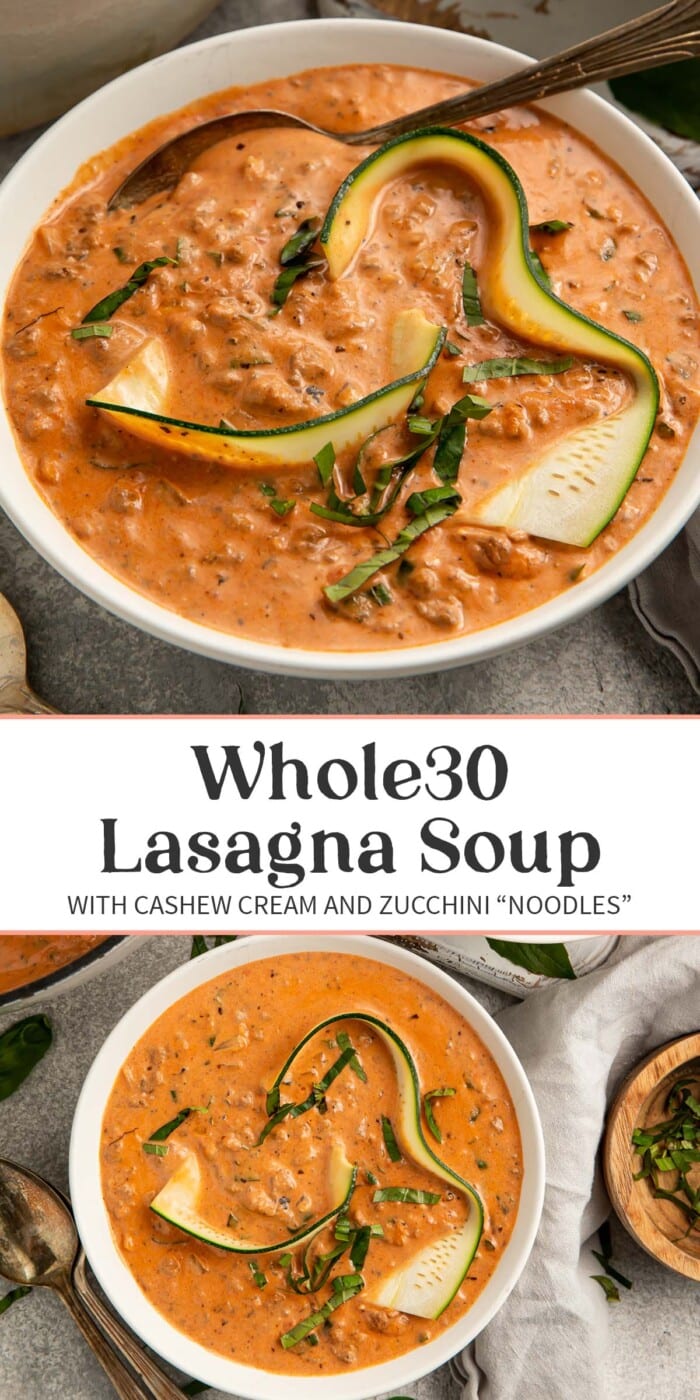 Pin graphic for Whole30 lasagna soup