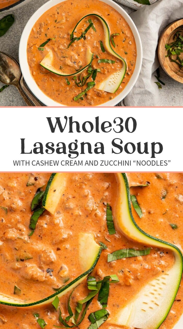 Pin graphic for Whole30 lasagna soup