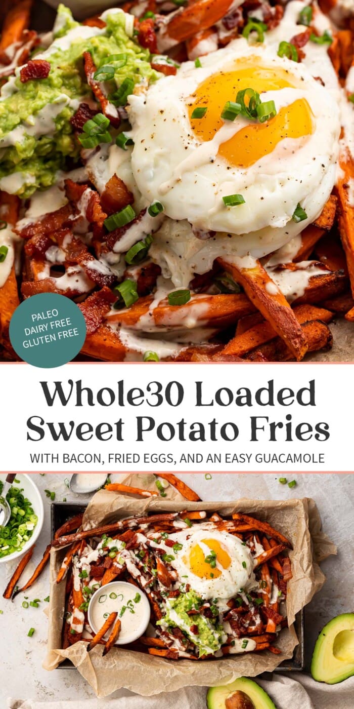 Pin graphic for whole30 loaded sweet potato fries