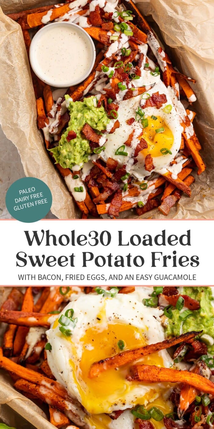 Pin graphic for whole30 loaded sweet potato fries