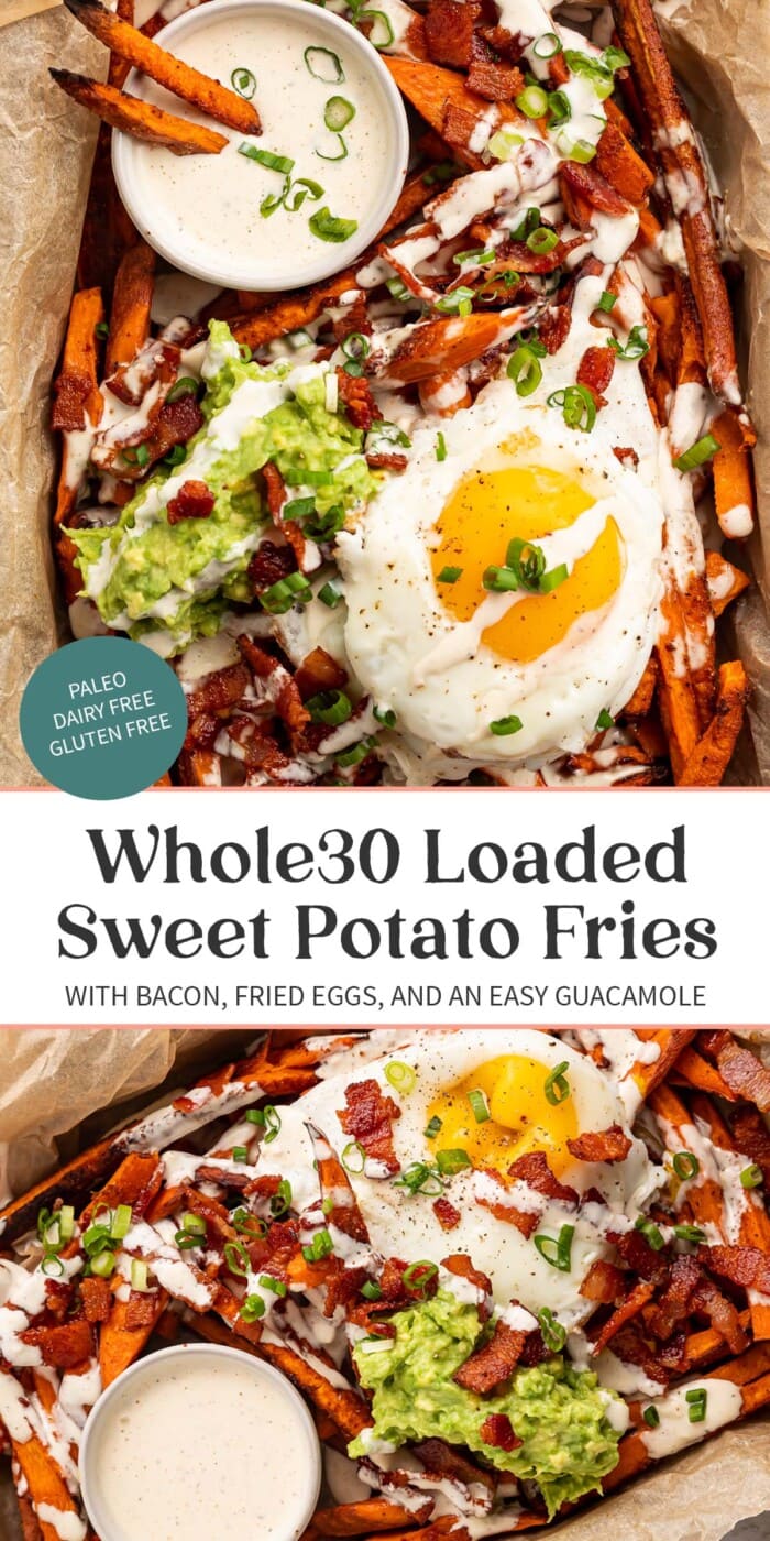 Pin graphic for whole30 loaded sweet potato fries