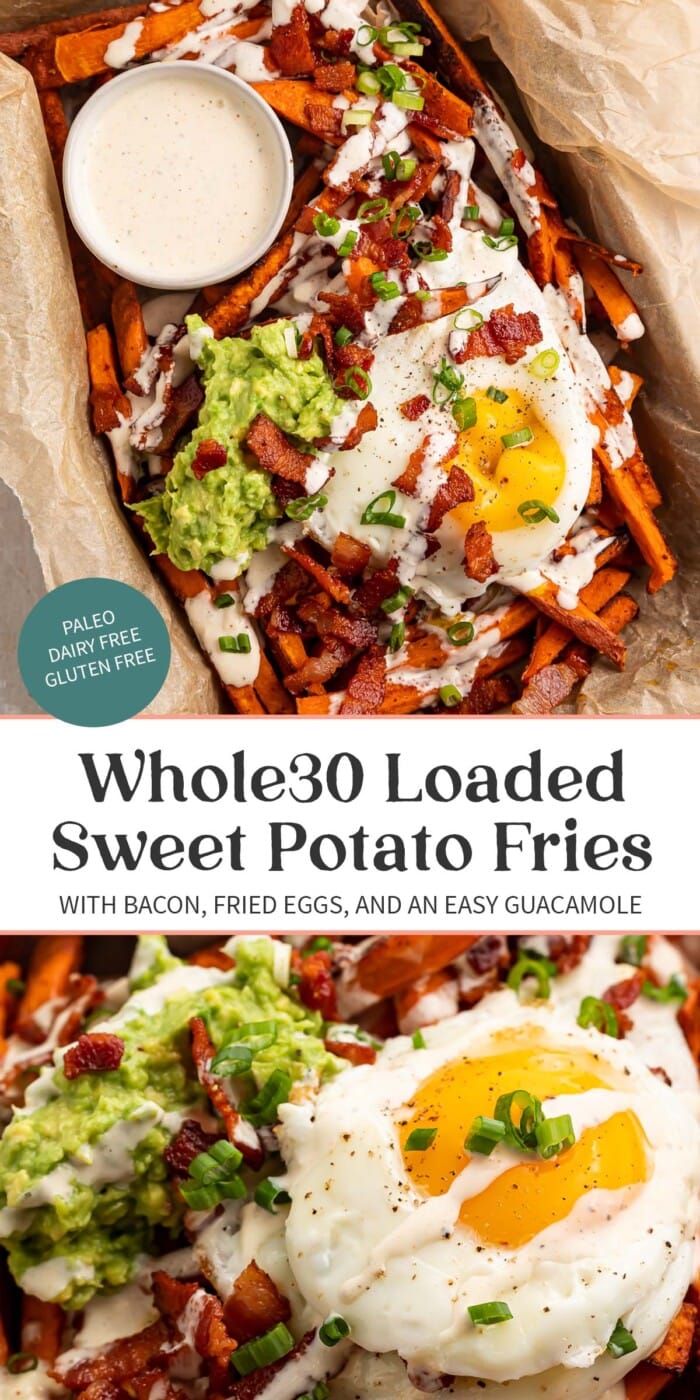 Pin graphic for whole30 loaded sweet potato fries