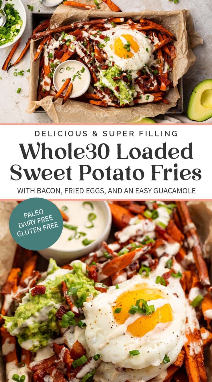 Pin graphic for whole30 loaded sweet potato fries