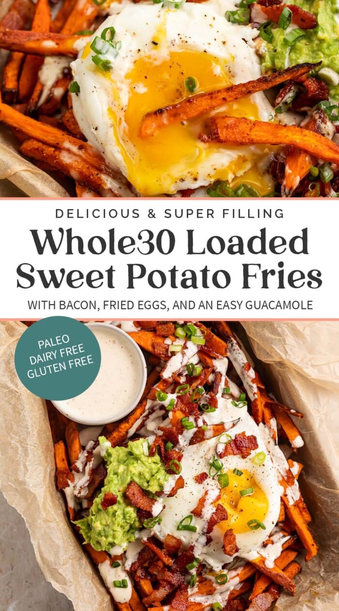 Pin graphic for whole30 loaded sweet potato fries