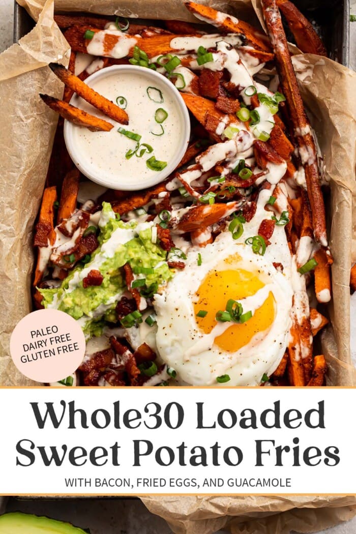 Pin graphic for whole30 loaded sweet potato fries