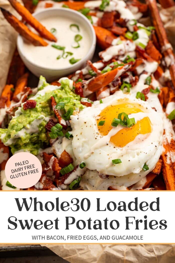 Pin graphic for whole30 loaded sweet potato fries