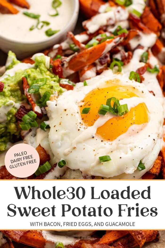 Pin graphic for whole30 loaded sweet potato fries