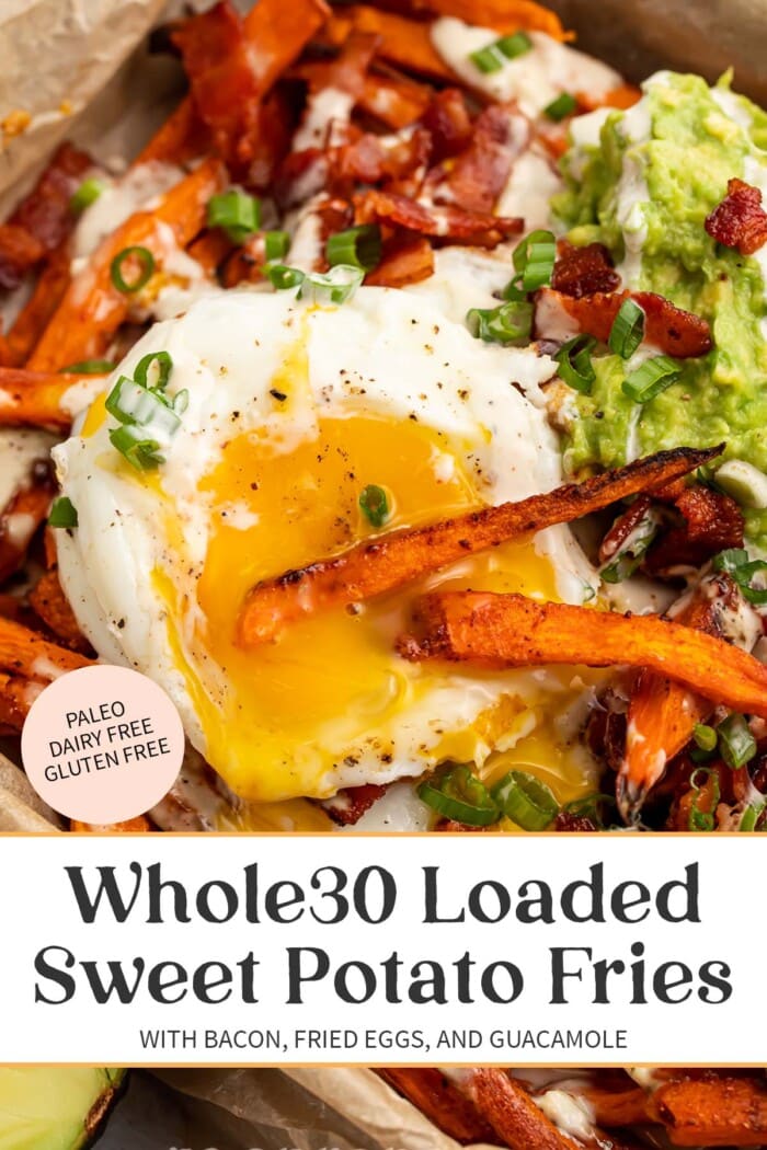 Pin graphic for whole30 loaded sweet potato fries