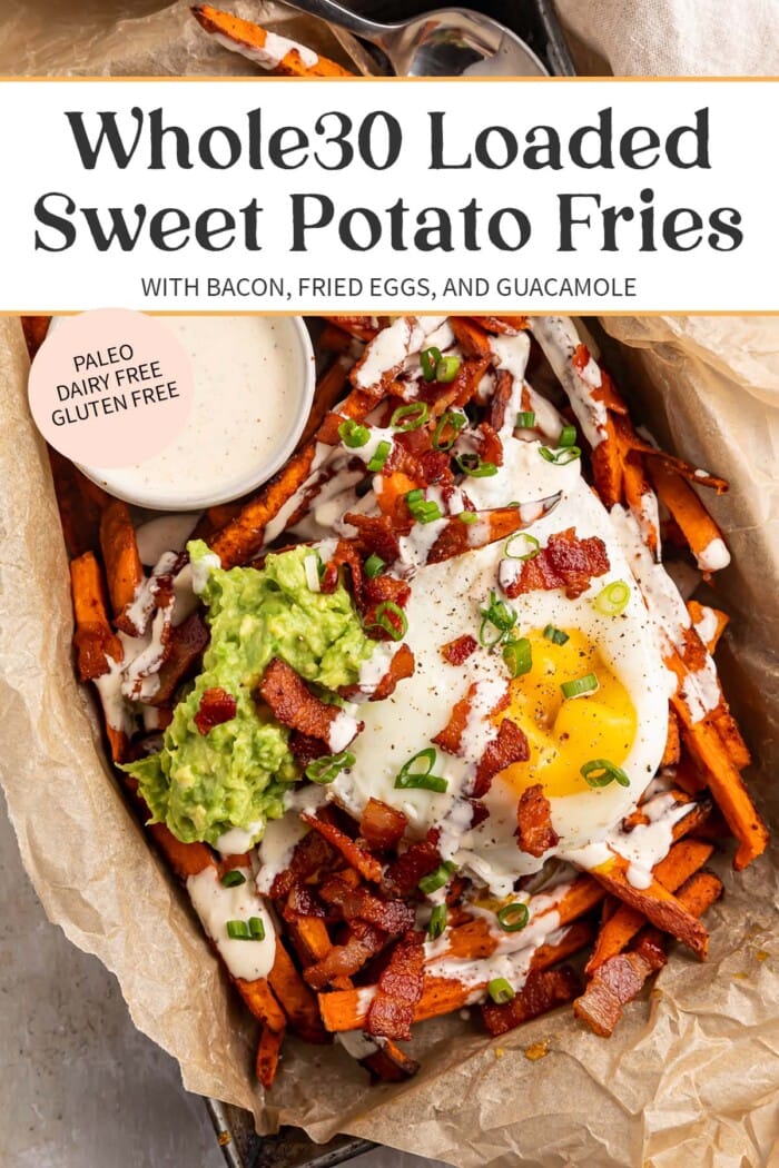 Pin graphic for whole30 loaded sweet potato fries