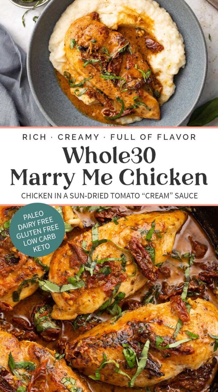 Pin graphic for Whole30 marry me chicken