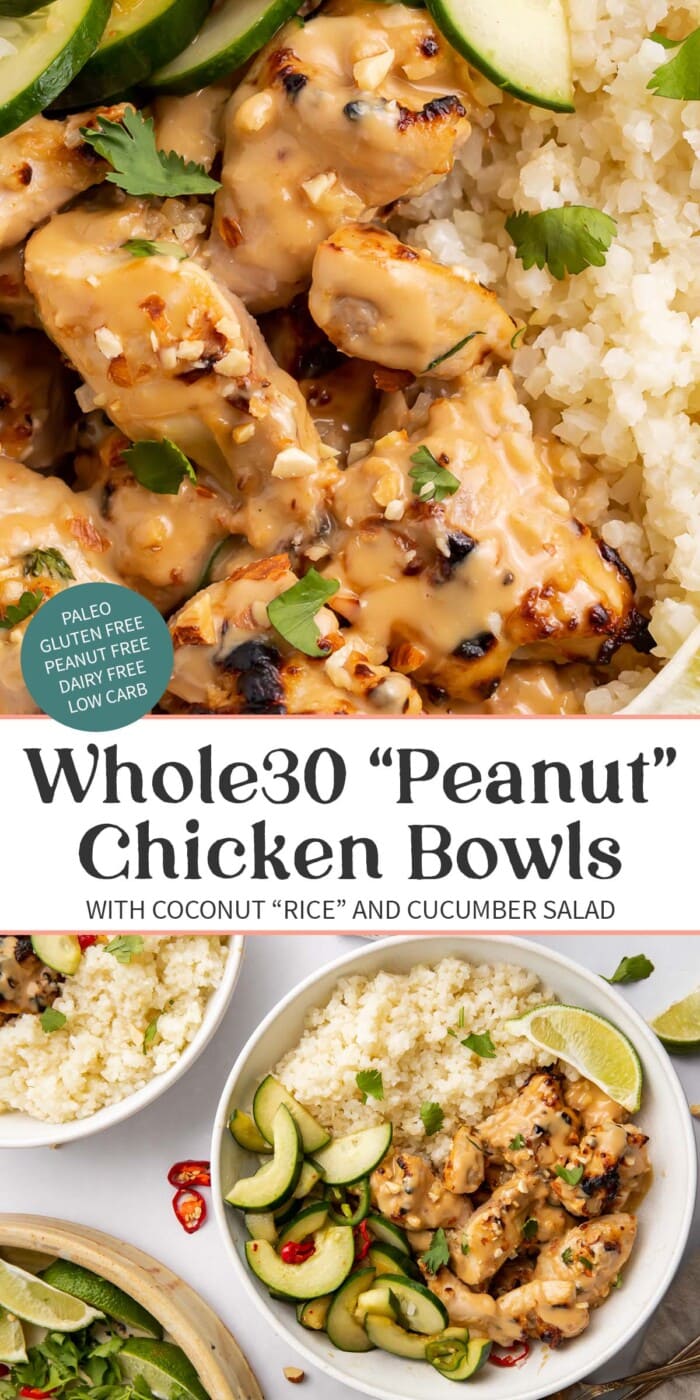 Pin graphic for Whole30 peanut chicken bowls