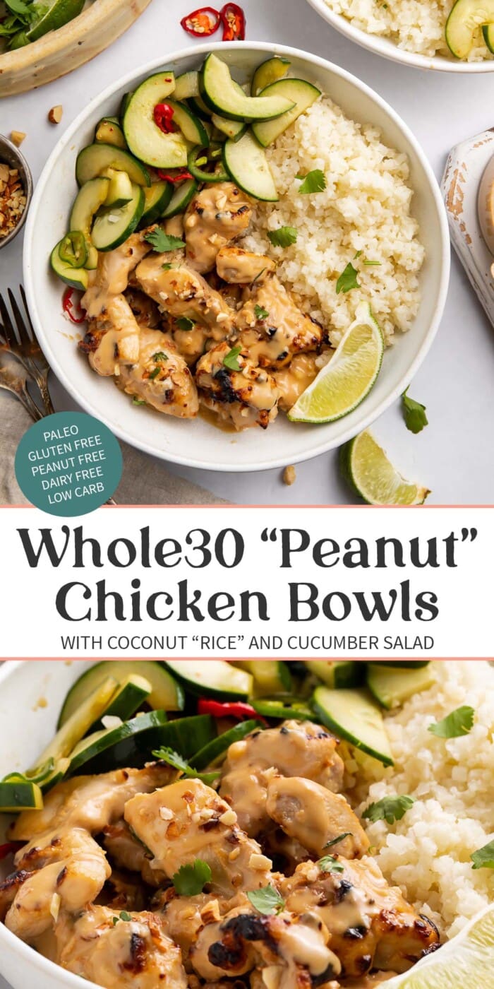 Pin graphic for Whole30 peanut chicken bowls