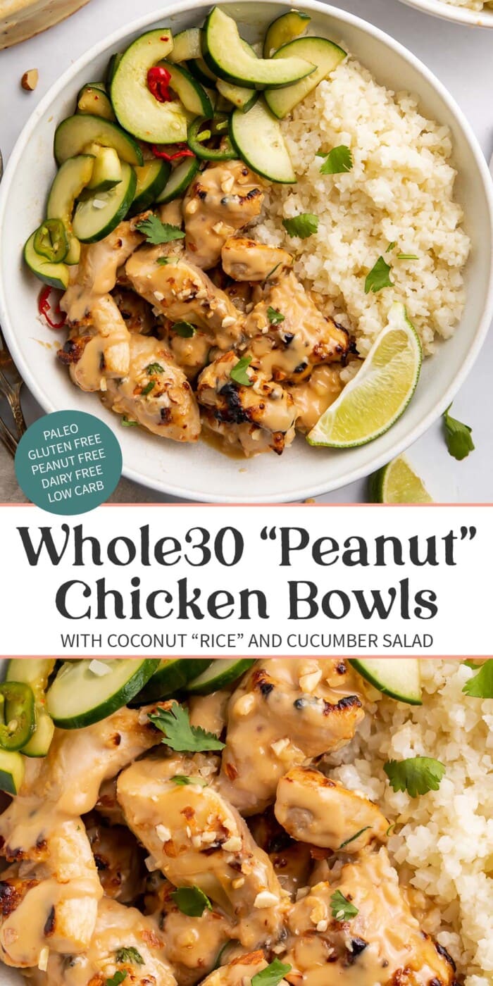 Pin graphic for Whole30 peanut chicken bowls