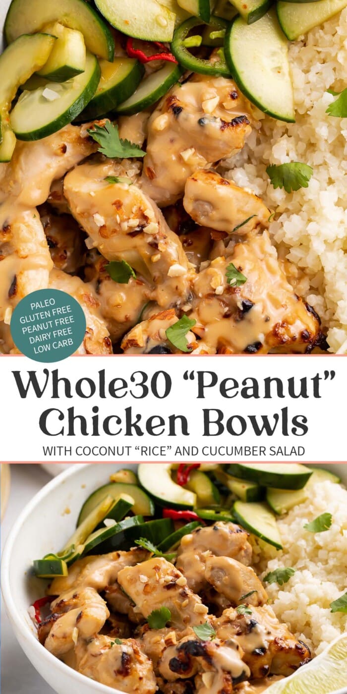 Pin graphic for Whole30 peanut chicken bowls