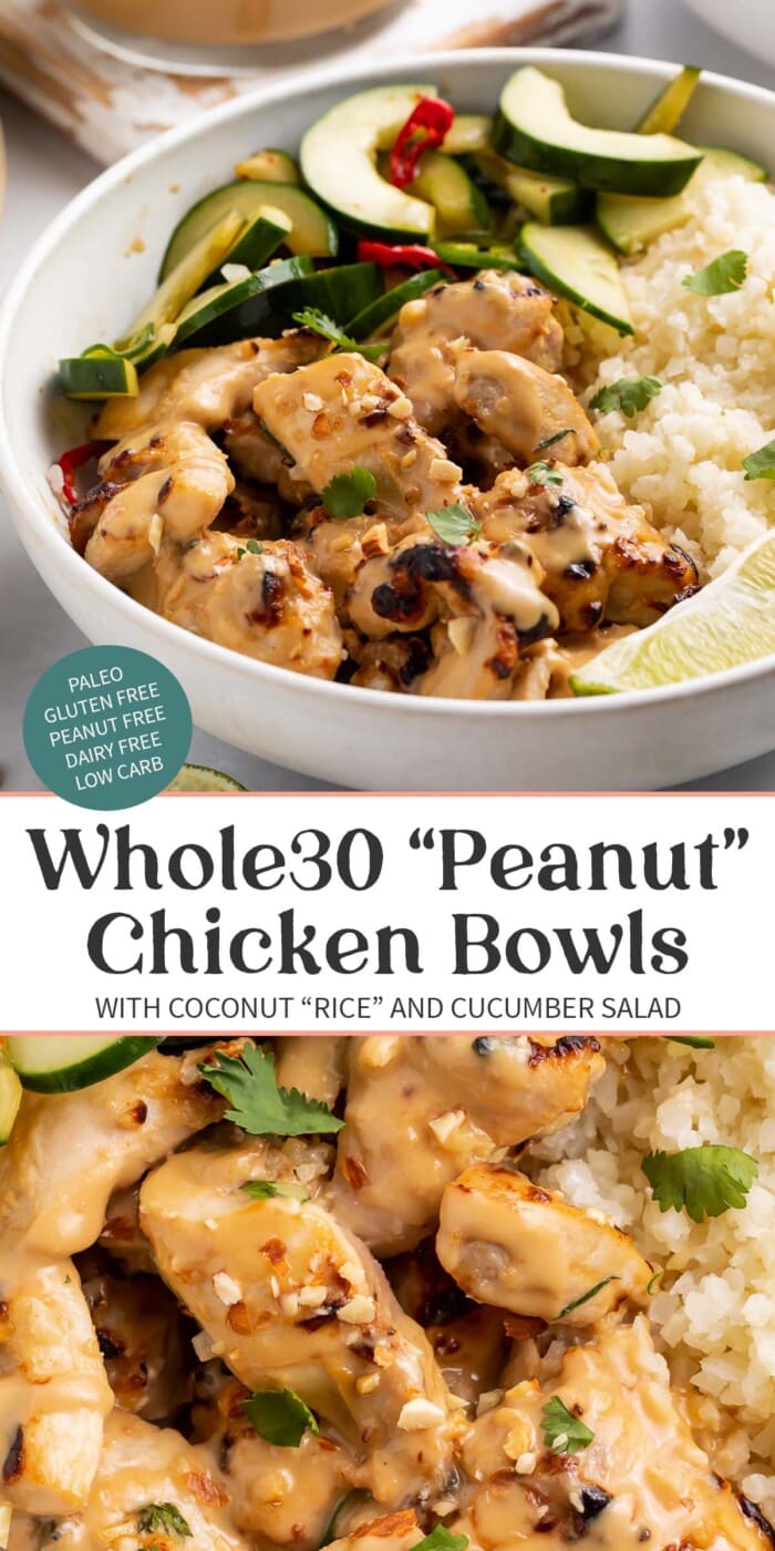 Pin graphic for Whole30 peanut chicken bowls