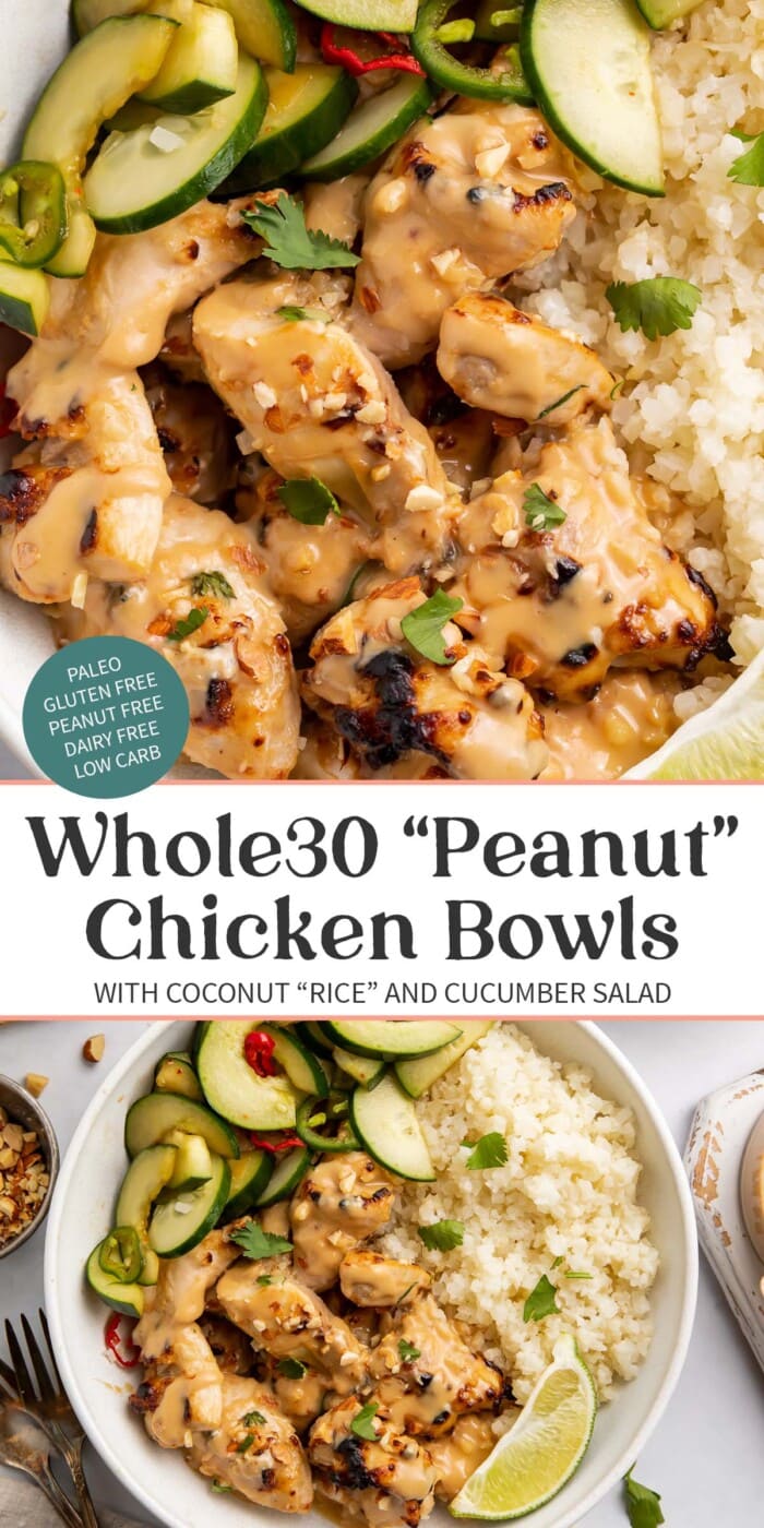 Pin graphic for Whole30 peanut chicken bowls