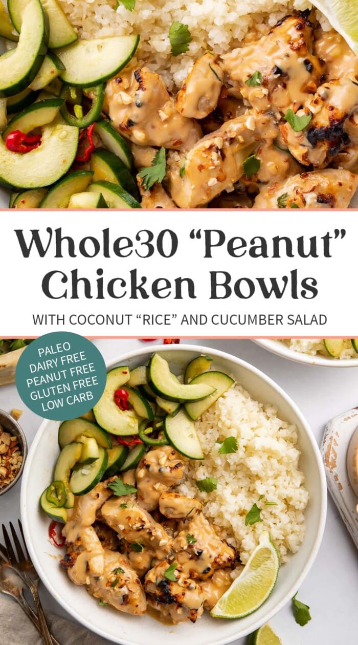 Pin graphic for Whole30 peanut chicken bowls