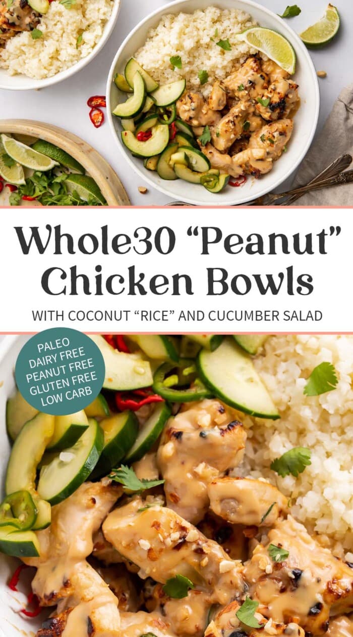 Pin graphic for Whole30 peanut chicken bowls